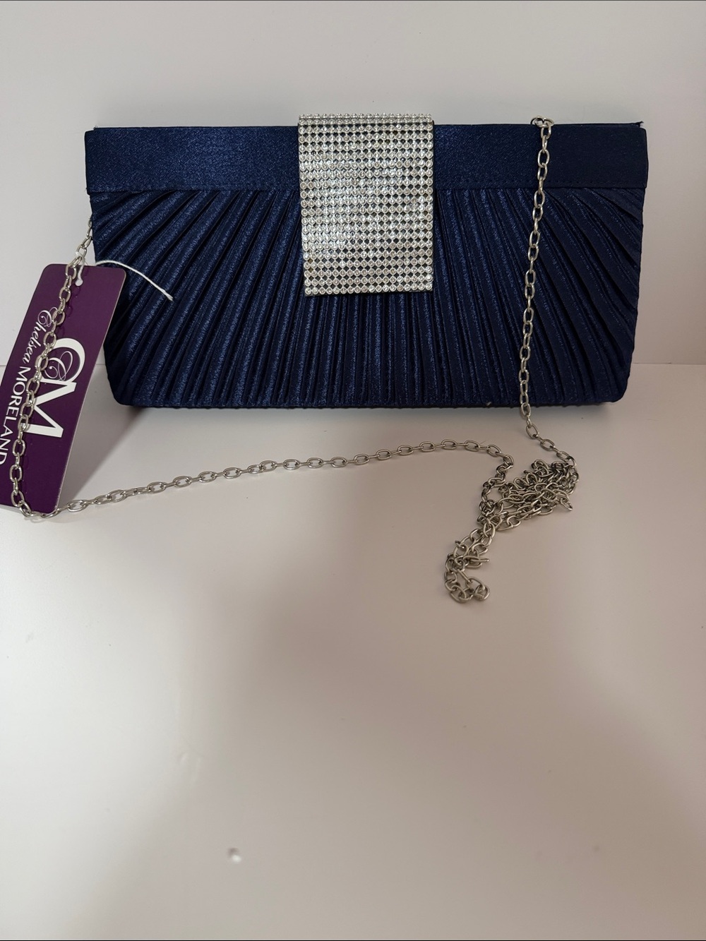 Gala Moreland Navy Satin Rhinestone Evening Clutch